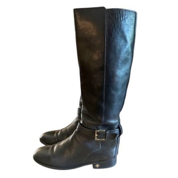 Tory Burch Black Leather Riding Boots Women’s 7M  Gold Buckle & Logo Detail - Picture 3 of 11